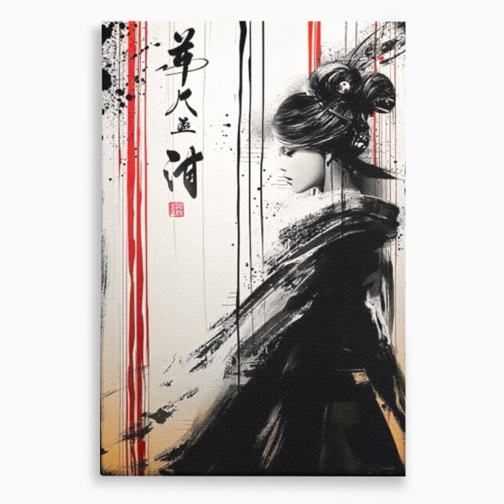 Tablou canvas cu tablou vertical cu gheisa in tus, fara rama, pe sasiu de lemn
